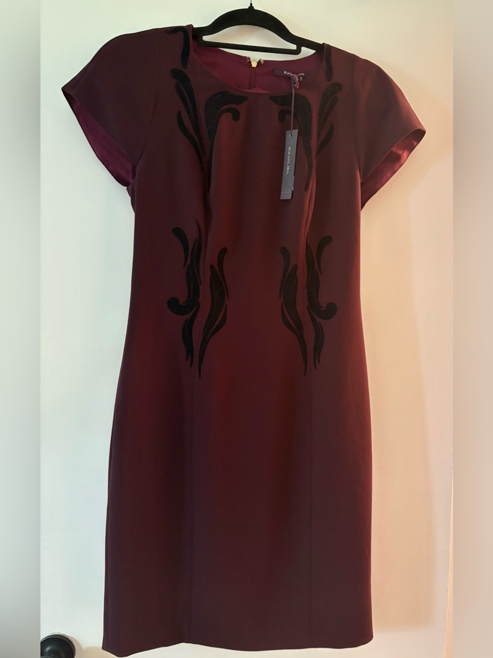 RACHEL Rachel Roy Burgundy Midi Dress with Black Velvet Appliqué 8 NWT